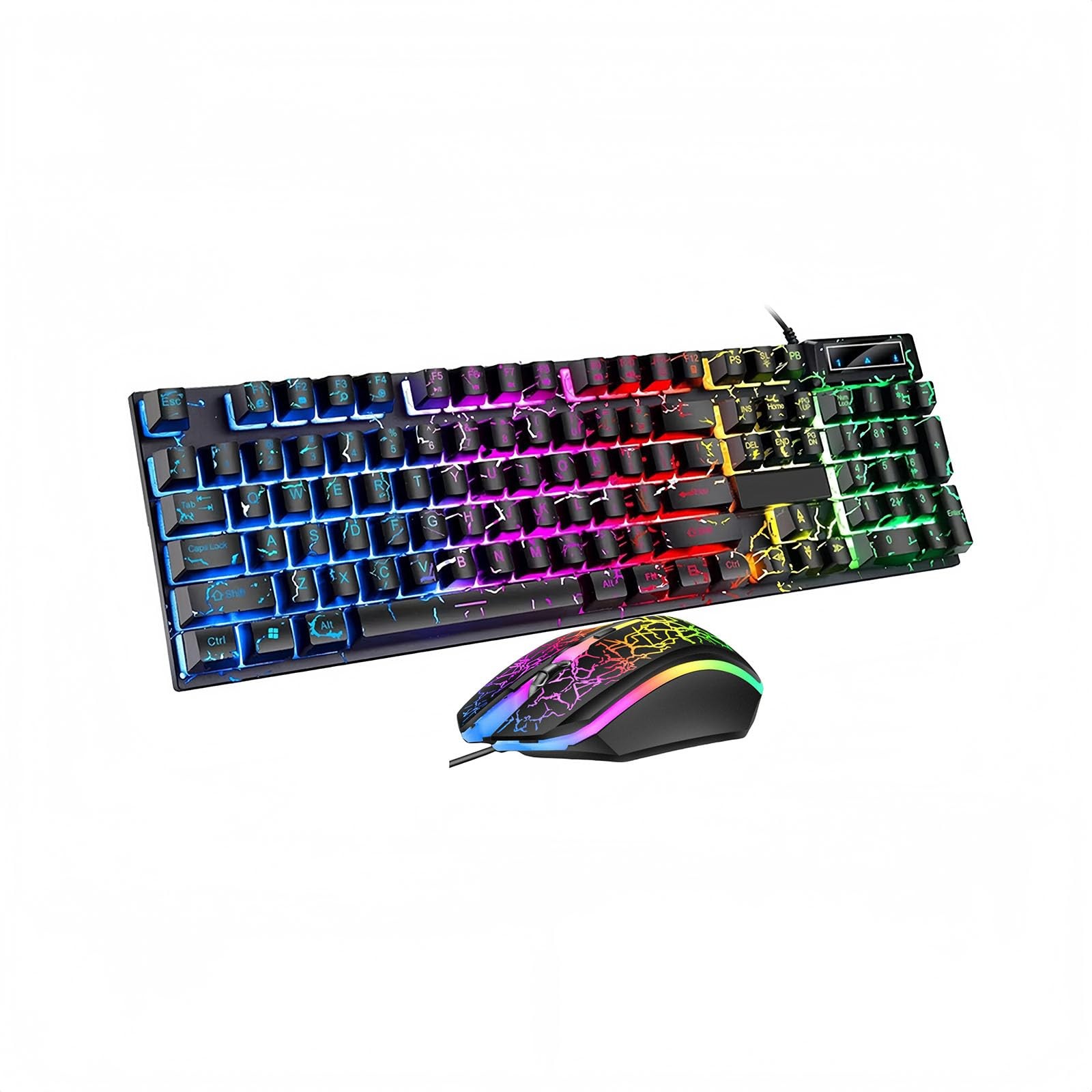 Wired Crack Game Keyboard Mouse Set Mechanical Feel Rainbow LED 104 Keys PC