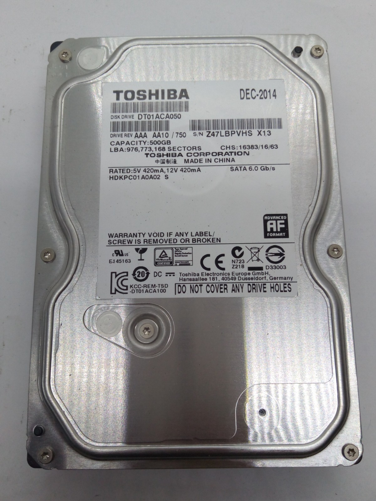 TOSHIBA SATA HARD DRIVE 500GB HDKPC01A0A02 S #FP4962