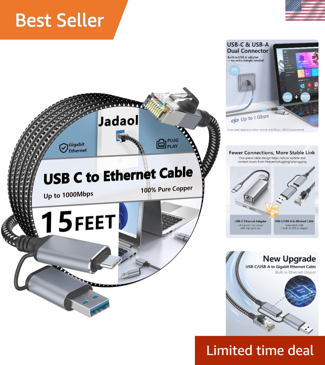 Versatile 15ft USB-C to Ethernet Cable - 1Gbps Dual Connector for All Devices