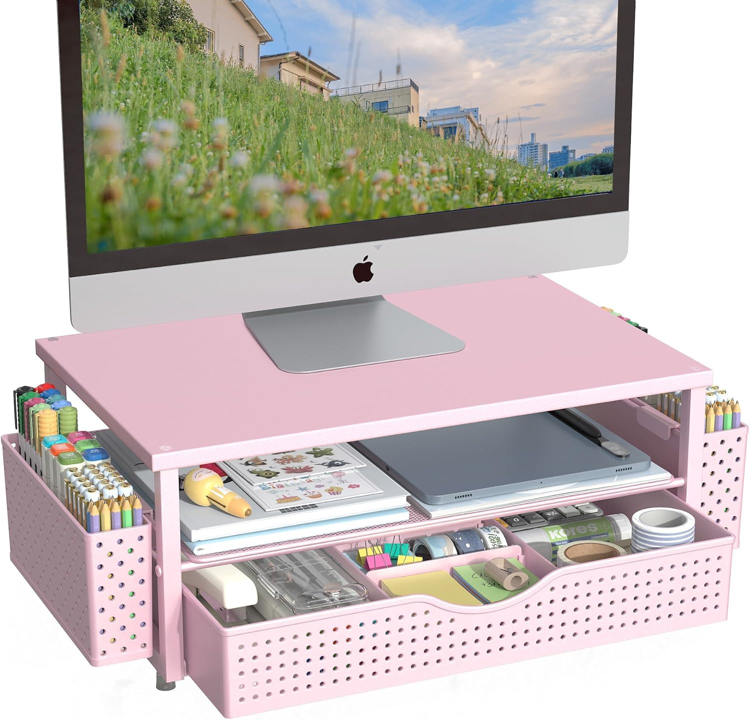 Desk Organizer and Accessories, Computer Monitor Stand Riser with Drawer and 2 P