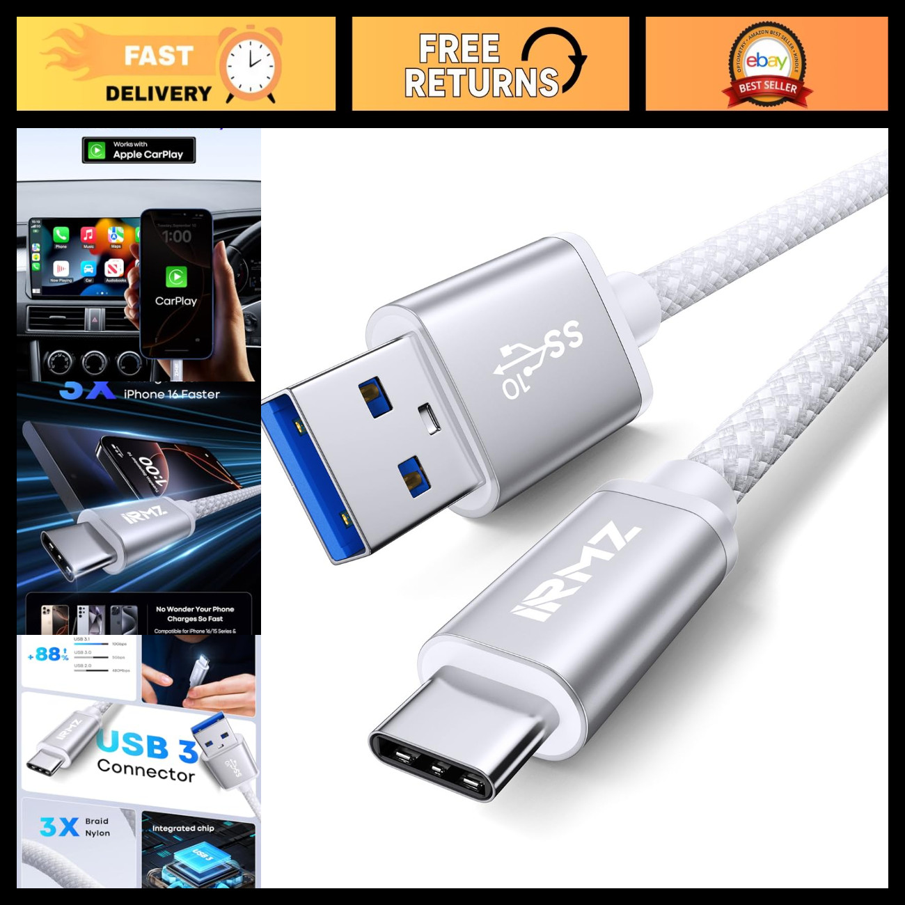 High-Speed USB C Data Cable 3ft, 10Gbps USB A to USB-C Fast Charging Cord