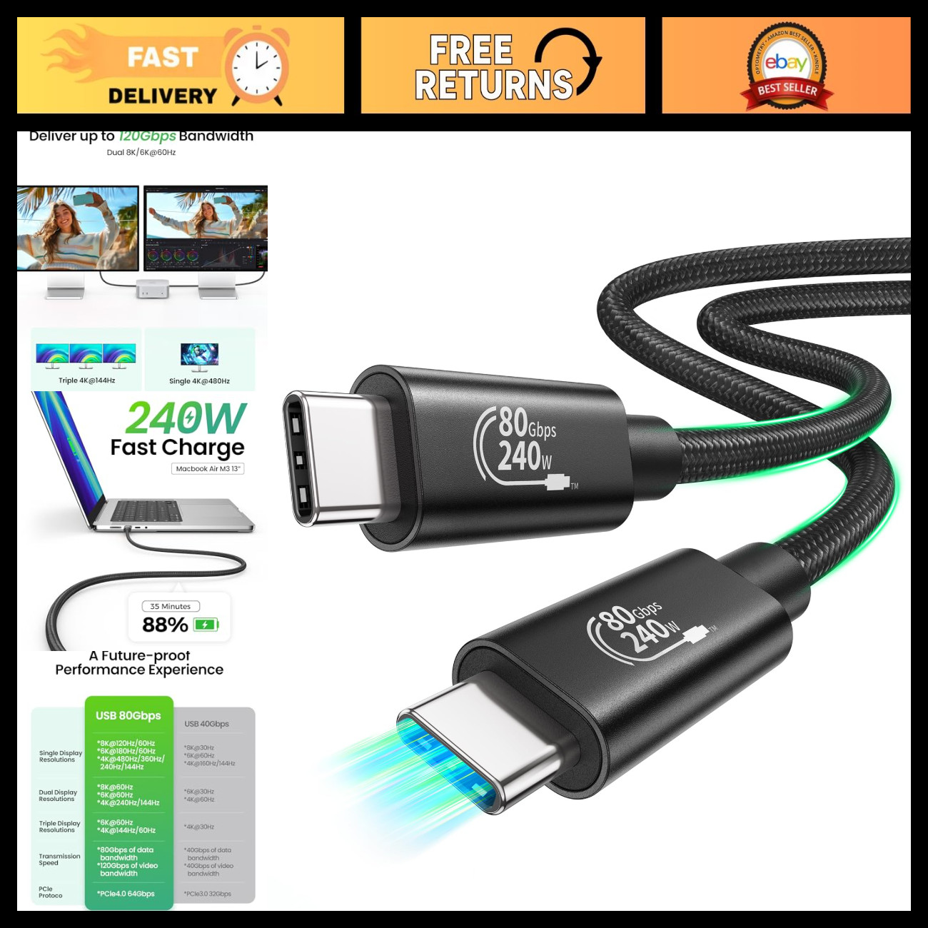 10FT Thunderbolt 5 Cable, 80Gbps USB4 Compatible High-Speed Data Transfer