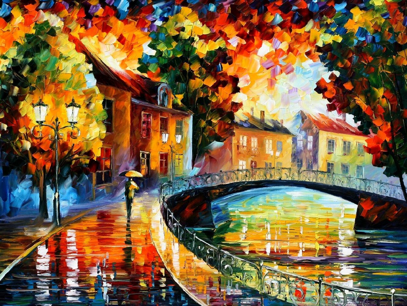 Landscape painting leonid afremov fall colorful bridge Custom Gaming Mat Desk