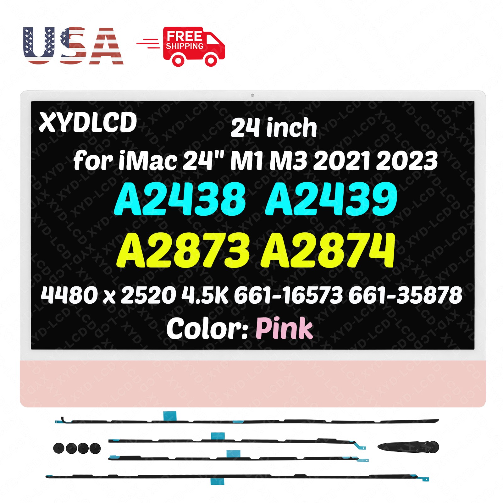 for iMac 24" M1 A2438 EMC 3663 661-35878 LCD Screen Display w/Adhesive 4.5K Pink