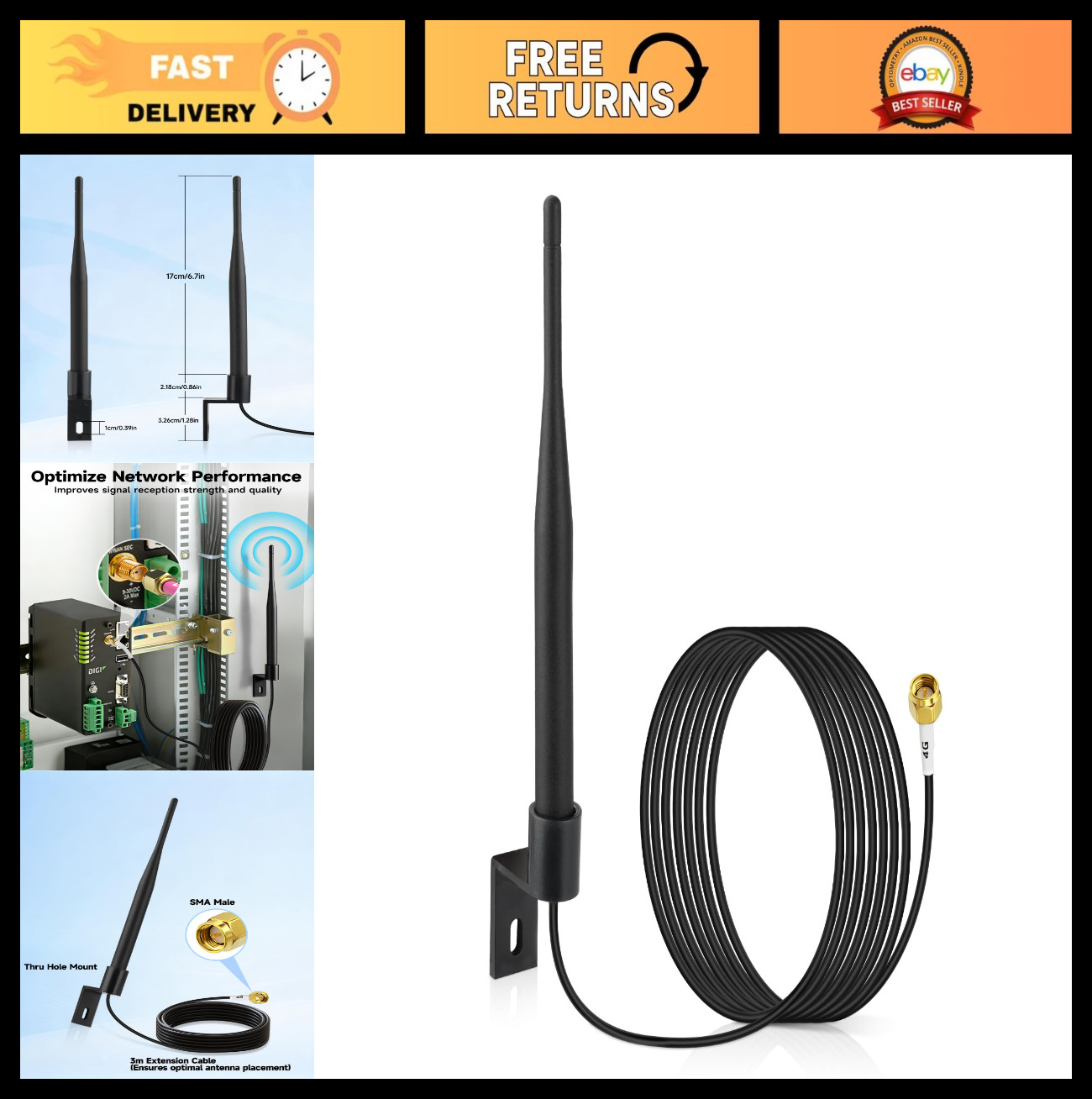 Omni-Directional 4G LTE Cellular Antenna 698-2700MHz 5dBi w/10ft Cable & Mount B