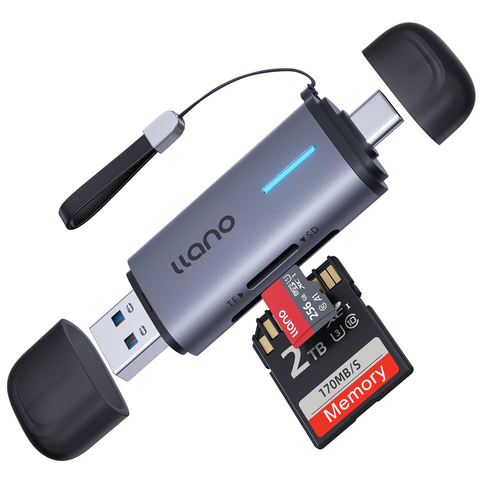 llano Micro SD Card Reader, 2 in 1 USB C 3.0 72 × 20 × 10 mm, Grey