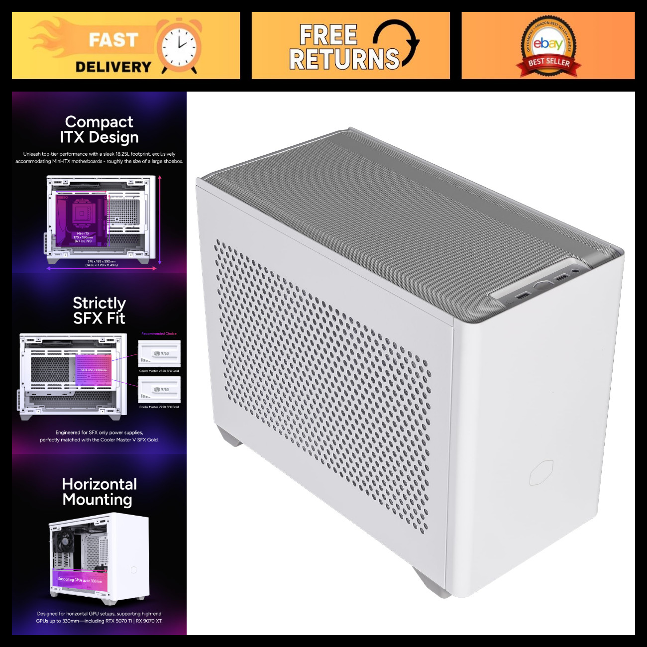 Mini-ITX PC Case, High Airflow Design, 330mm GPU Support, Compact White Case