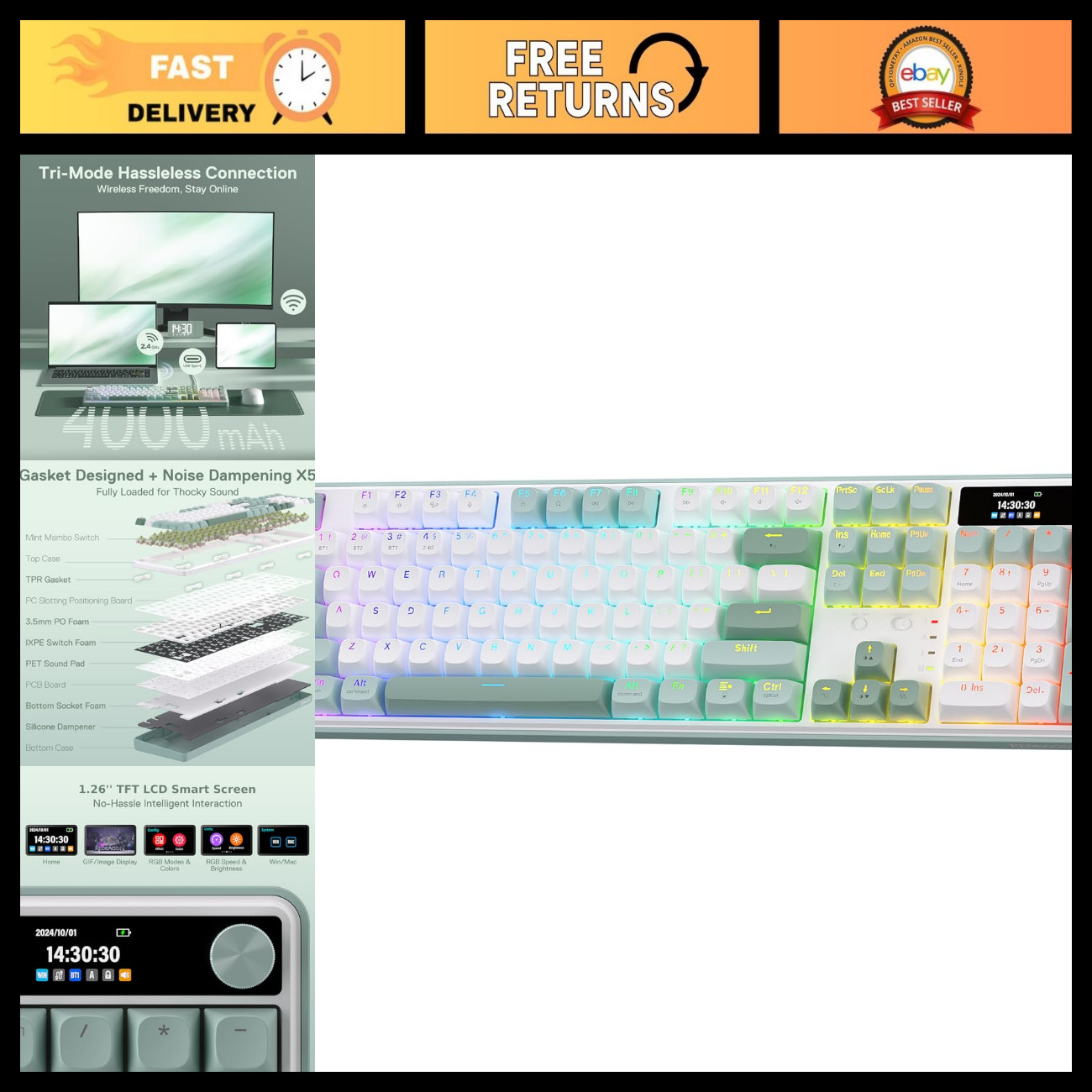 Wireless 104-Key Gasket Gaming Keyboard with Screen & Knob - RGB Backlit, Ergono