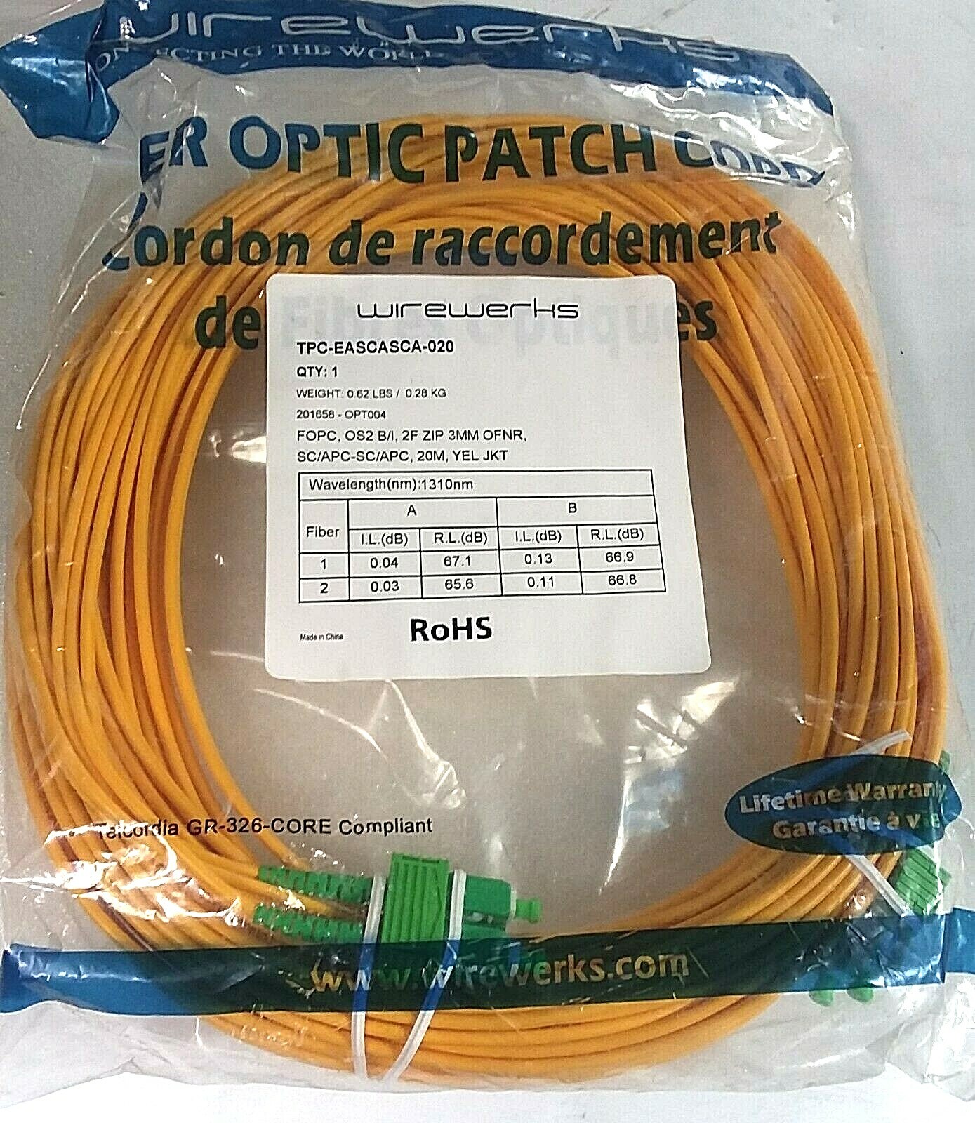 Wirewerks FOPC, Sm B/I 2f, Ofnr; sc/apc-sc/apc, 20m; Part #TPC-EASCASC-020