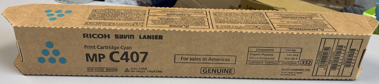Genuine Ricoh MP C407 842208 Cyan Toner Print Cartridge OEM Original - Sealed
