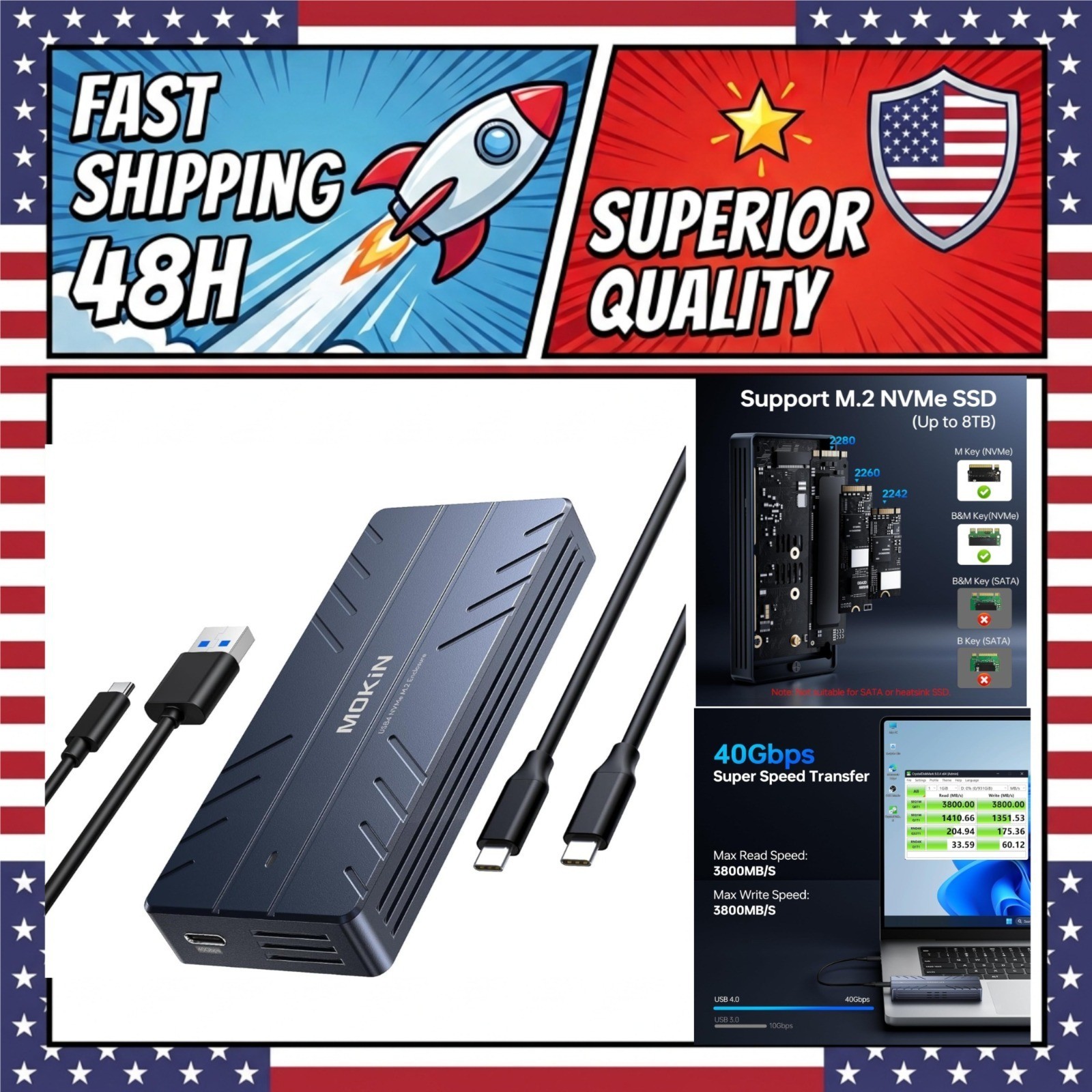 MOKiN 40Gbps M.2 NVMe SSD Enclosure Thunderbolt 3/4 USB4 Aluminum for MacBook