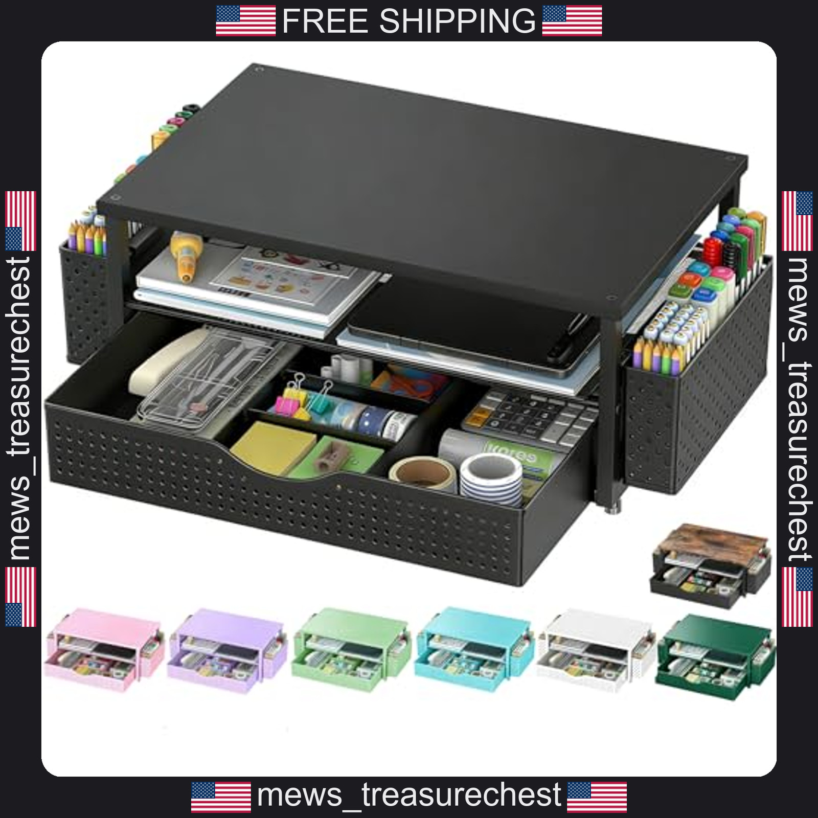 Computer Monitor Stand with Drawer and Pen Holders, Black, Space Saving