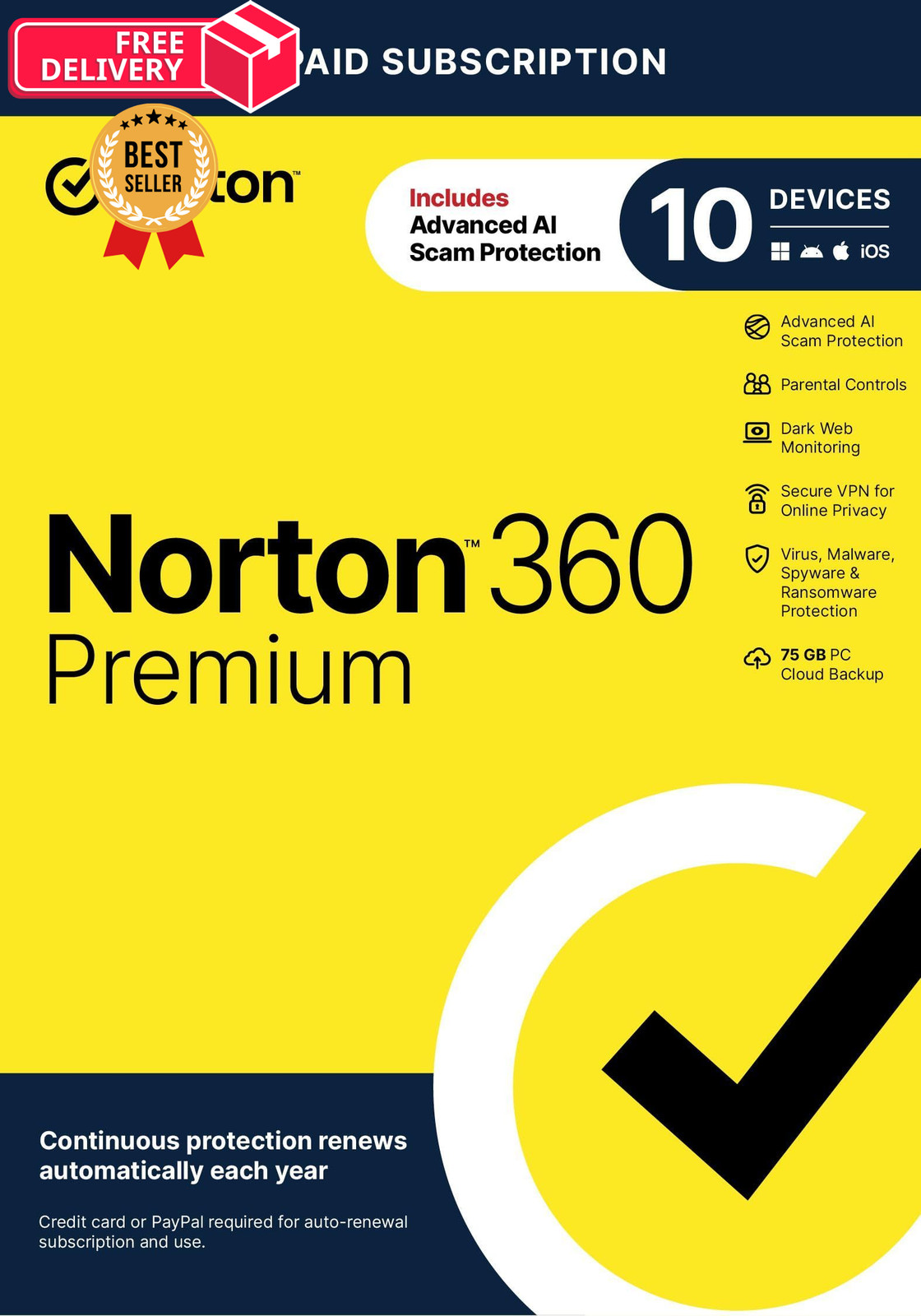 Norton 360 Premium Antivirus, 10 Devices, Auto-Renews [Key Card]