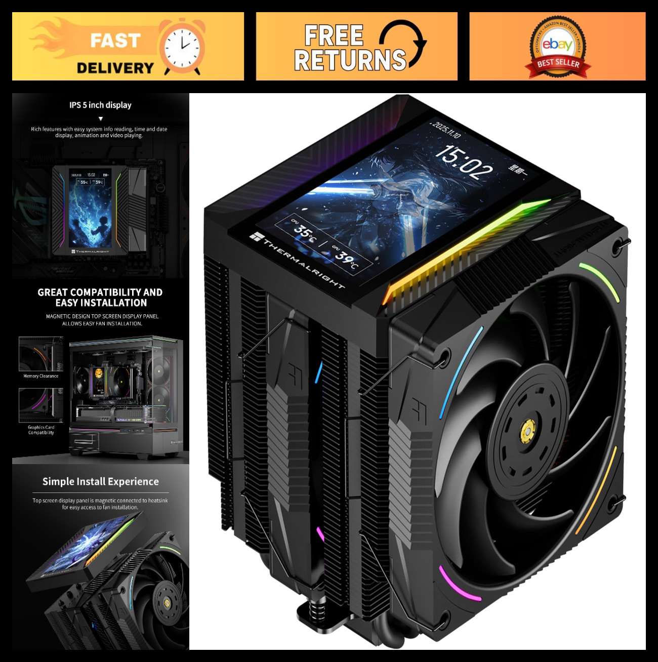 High-Performance CPU Cooler with ARGB, 6 Heat Pipes, 5" Display for AM4/AM5 & LG