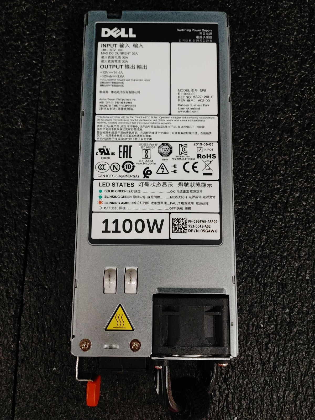 Dell 5G4WK E1100D-S0 1100W DC Power Supply R740 R740xd R940 NX3200 R640 R730XD