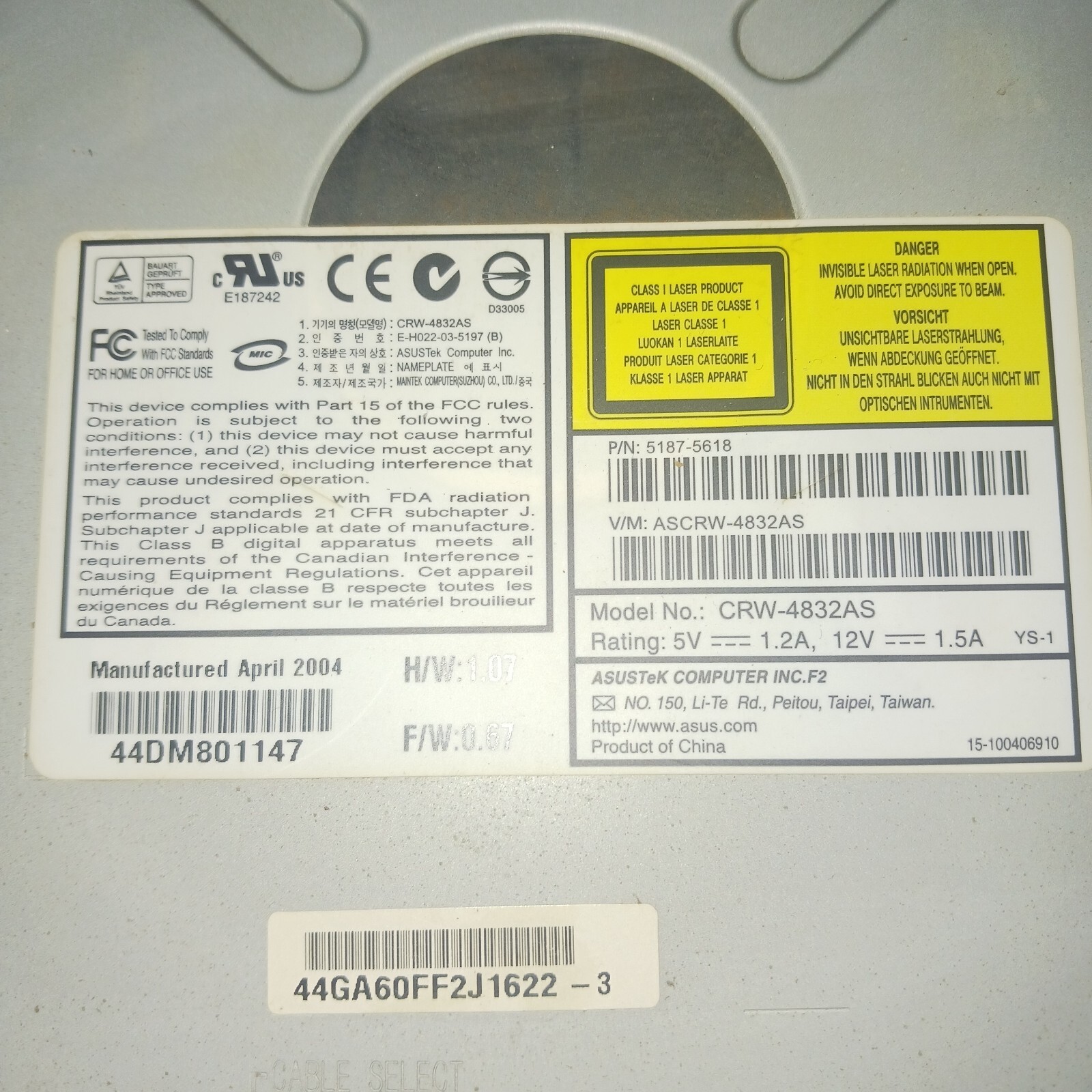 VINTAGE ASUS CD/RW Drive Model CRW-4832AS Internal Nice Extra will work on IDE