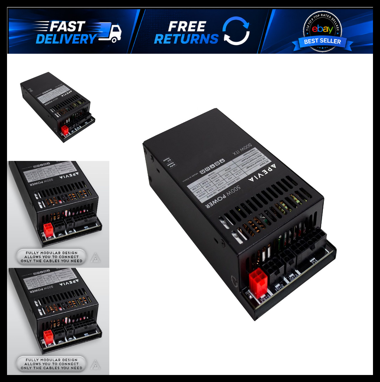 Apevia ITX-PFC500W Fully Modular ITX 500W Power Supply, Active PFC 90-264V
