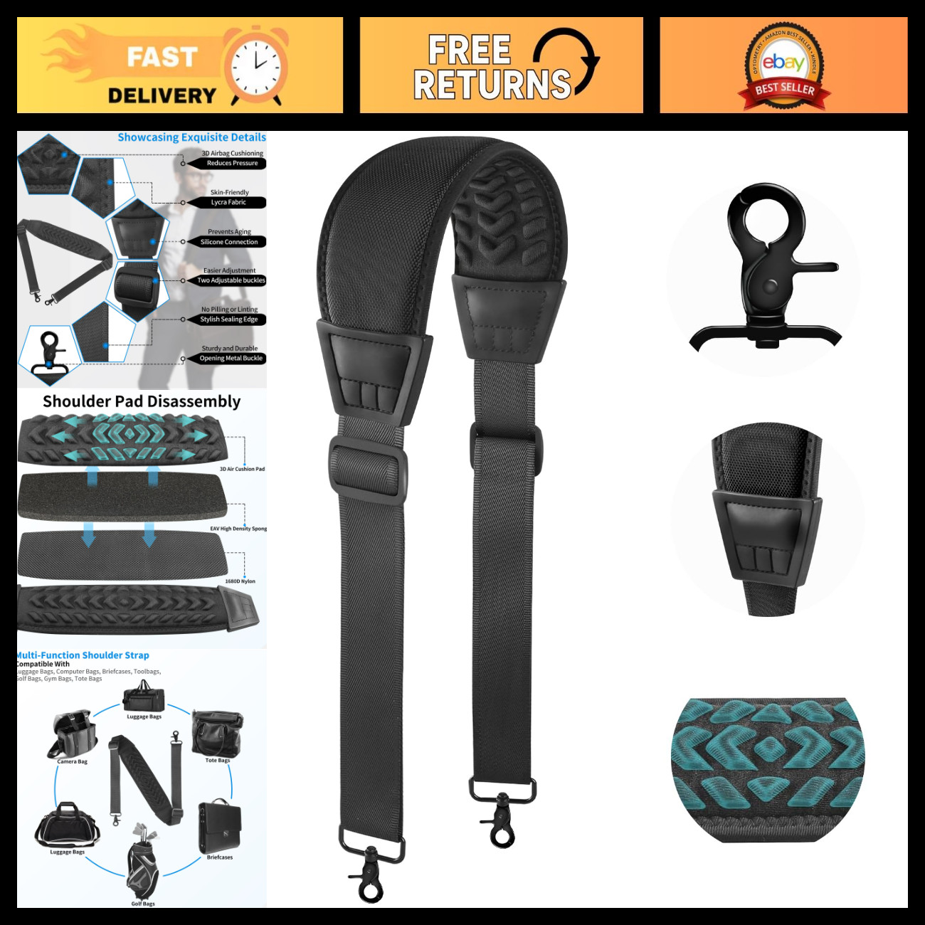 Ultra Comfortable 3D Air Cushion Duffel Bag Strap, 55" Adjustable Laptop Shoulde