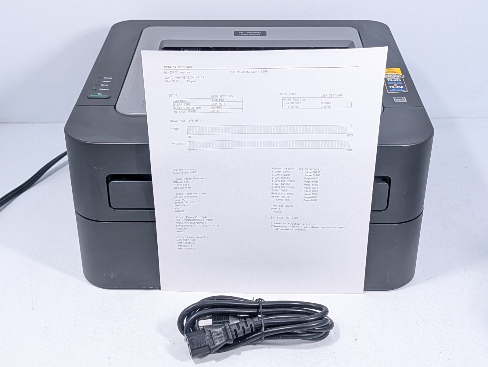Brother HL-2240D Monochrome Laser Printer Page Count 10801 With New Toner & Drum