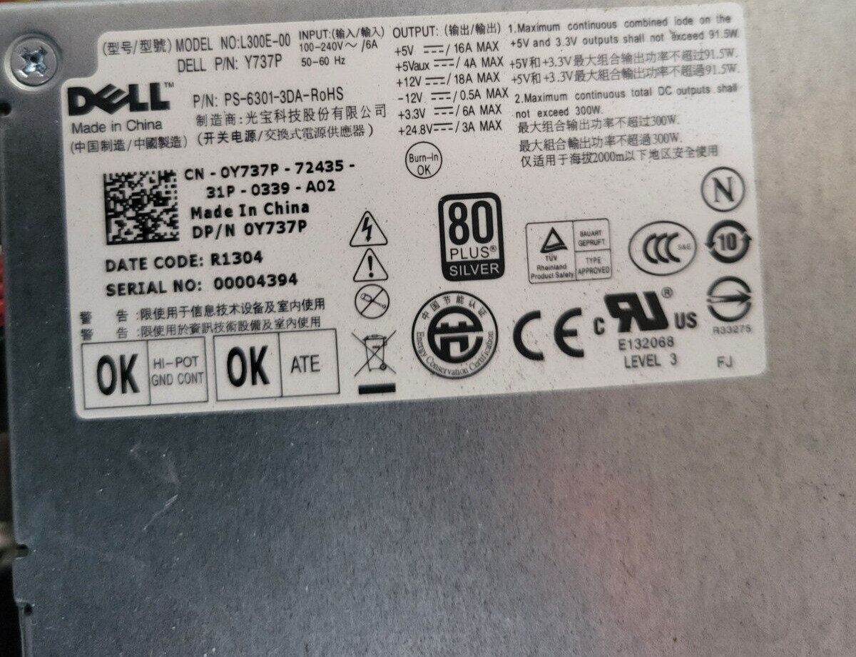 DELL Y737P Power Supply PS-6301-3DA DP/N 0Y737P . DHL/FedEx Shipping