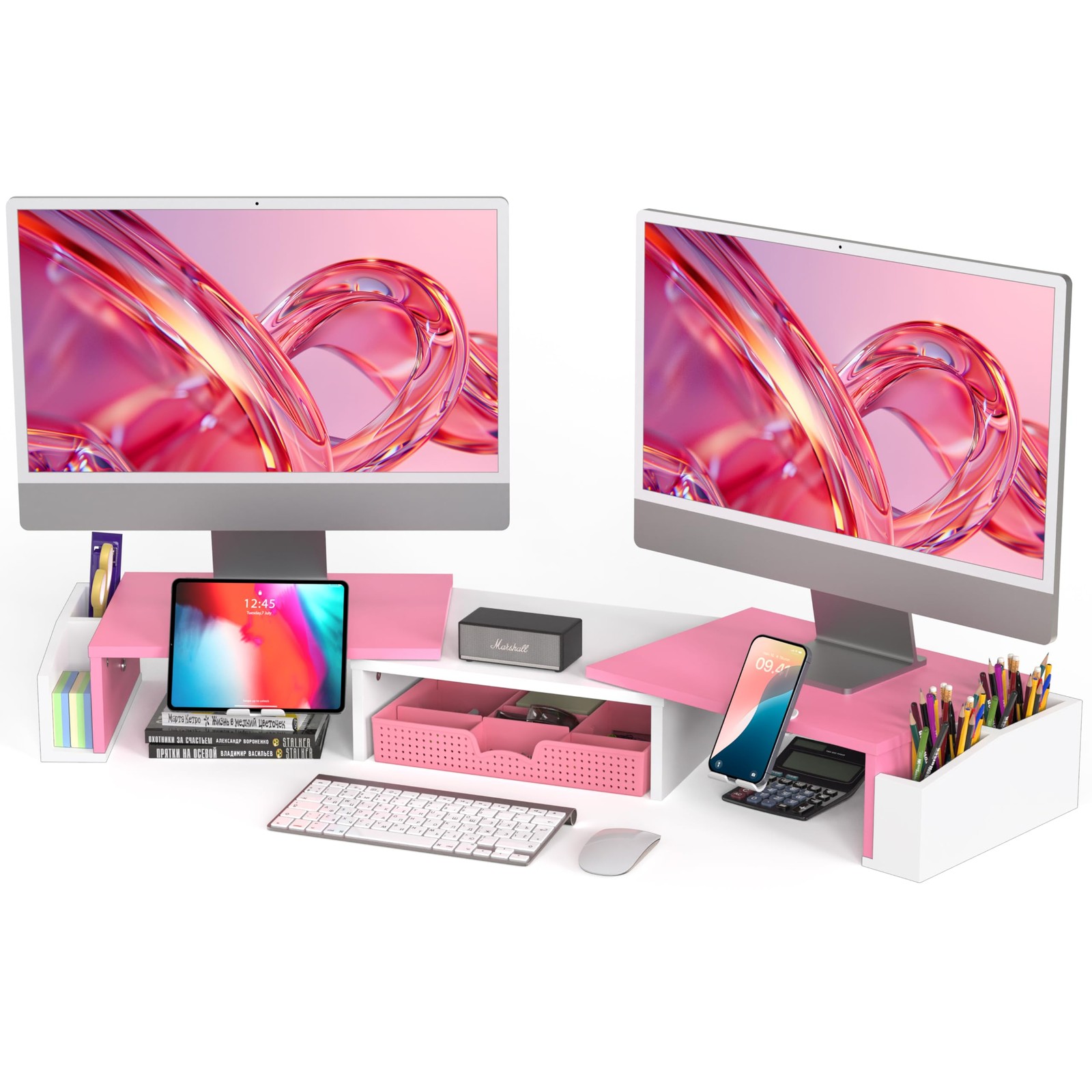 Desk Dual Monitor Stand Riser with Drawer, Pink