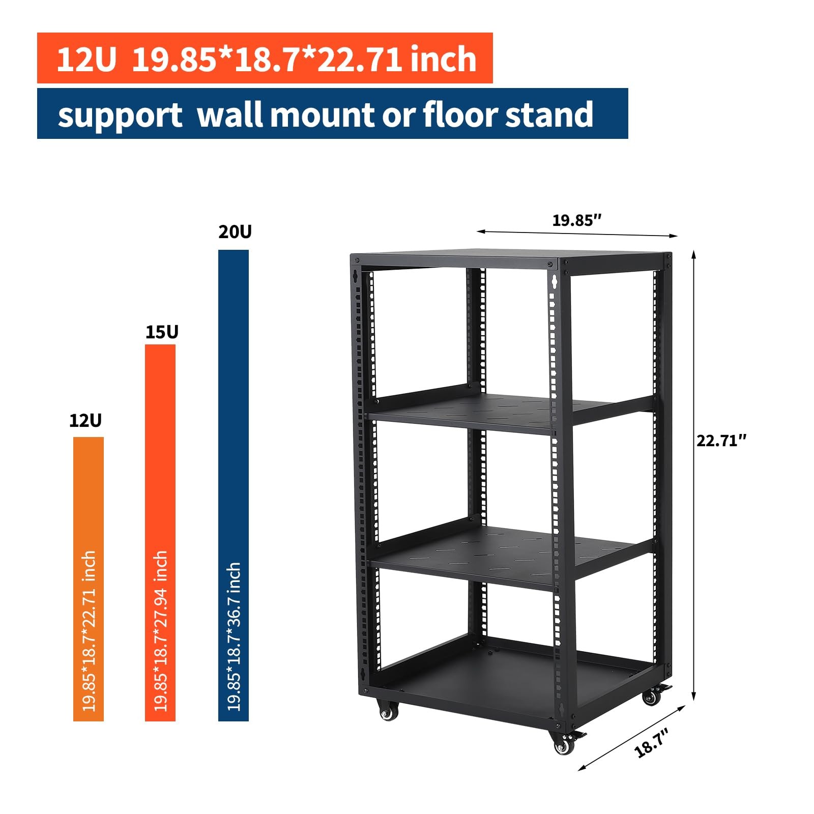 Heavy Duty 12/15/20 U Open Frame Network Rack Server Rack W/ Casters IT Cabinet