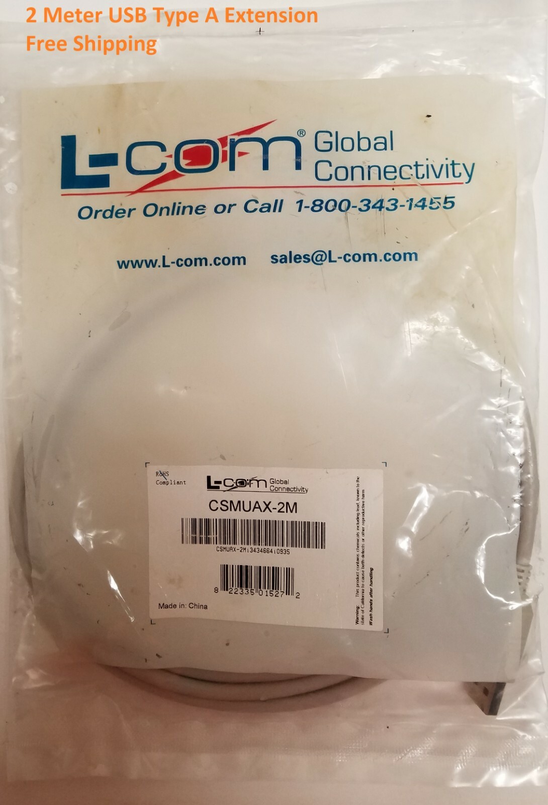 L COM CSMUAX-2M USB Type A Male/Female Extension 6.5'  2 Meter  