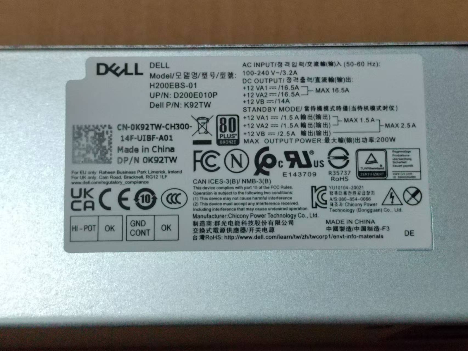 1PC H200EBS-01 K92TW Power Supply 200W for Dell Optiplex 7080 7090 5090 5080 SFF