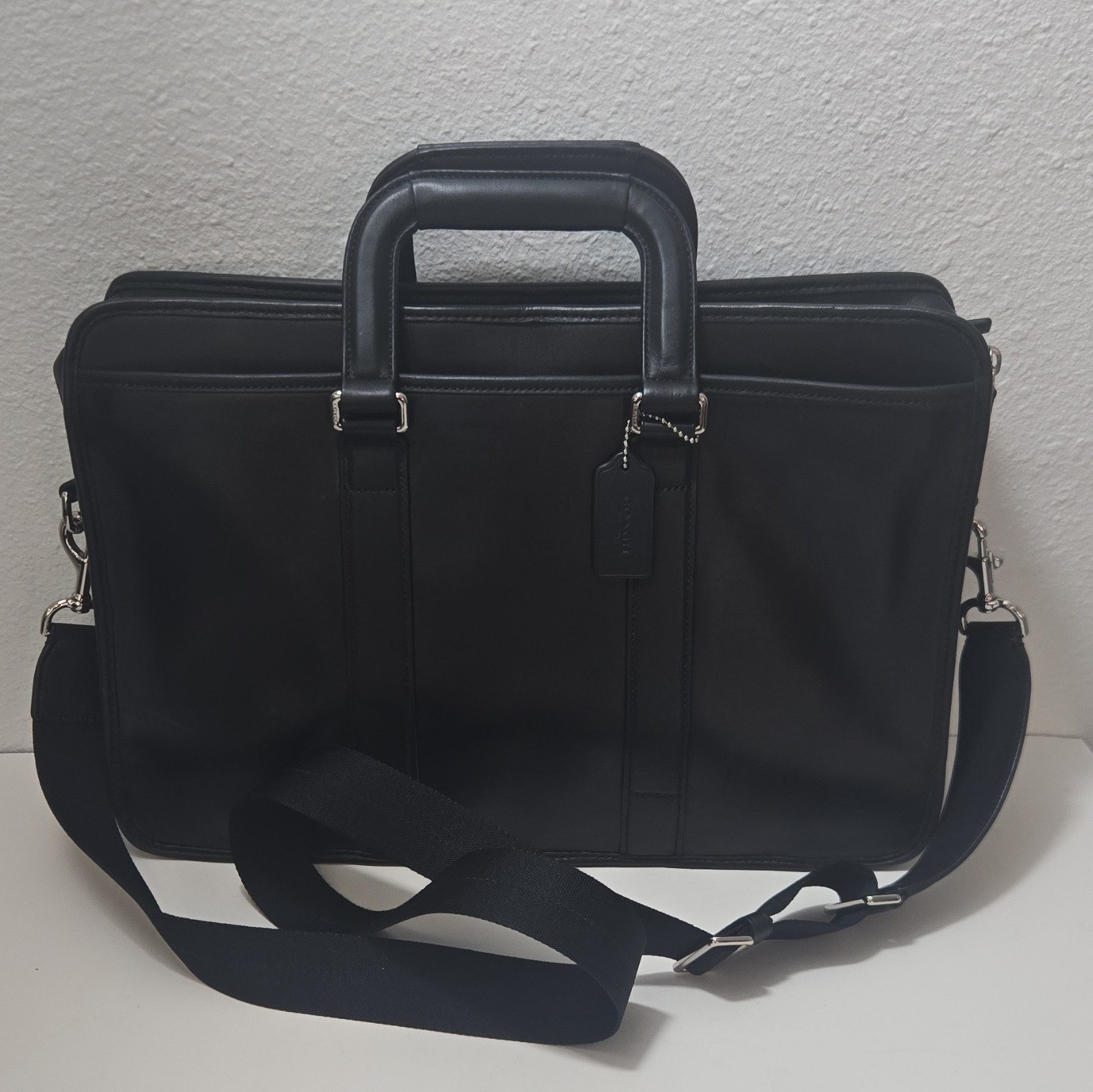 Coach Black Leather Briefcase for 15" Laptop, Adjustable Strap, Partitions
