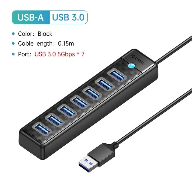 ORICO 7-Ports USB 3.0 HUB, Ultra-Slim Data USB Hub 1.65ft Extended Cable for PC