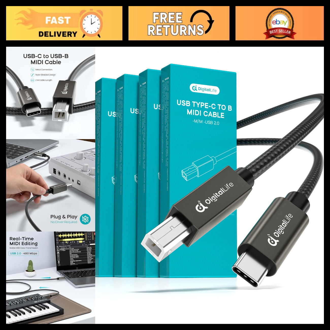 USB C to USB B MIDI Interface Cable 6.6ft - Flexible, High-Speed Connection for