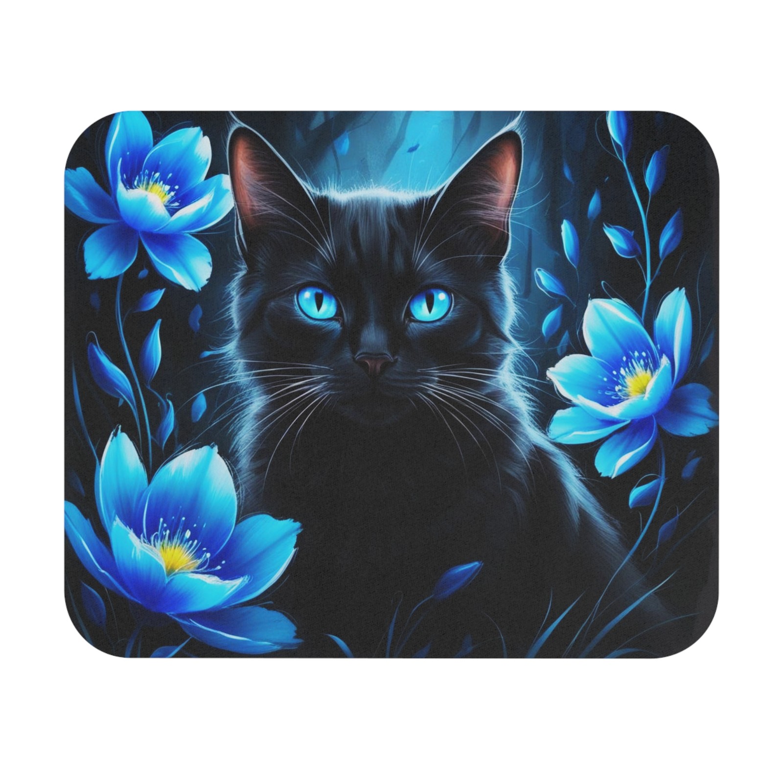 Mystical Black Cat Mouse Pad - Vibrant Floral Blue Art, Desk Accessory