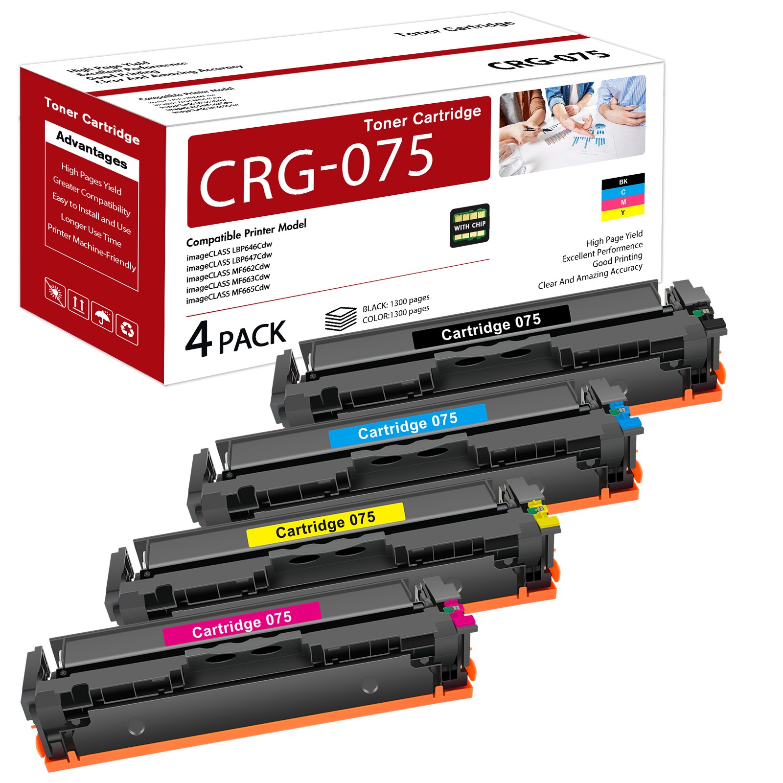 [4 Pack BCMY] 075 Toner Cartridge Set for Canon Color ImageCLASS Printers