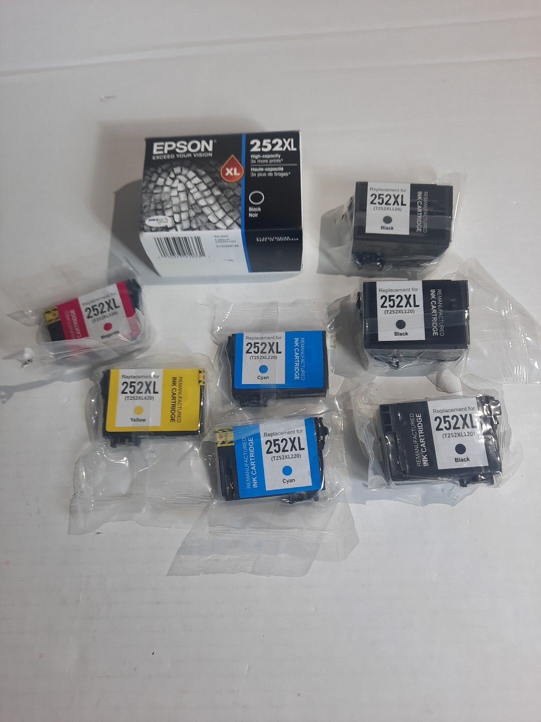 LOF OF 8  EPSON GENUINE 252XL BLACK  (4), CYAN (2) YELLOW (1) MAGENTA (1)