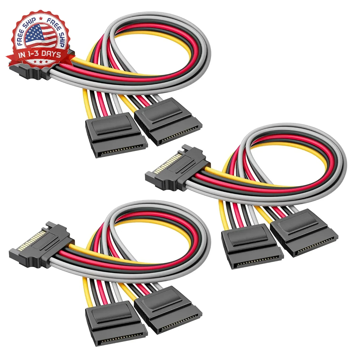 3-Pack 15 Pin SATA Power Splitter Cable - 8 Inches, SATA Power Y-Splitter Cable