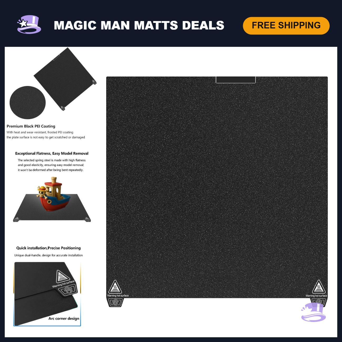 Double-Sided Black Textured PEI Build Plate 370x370mm for 3D Printers - Flexible