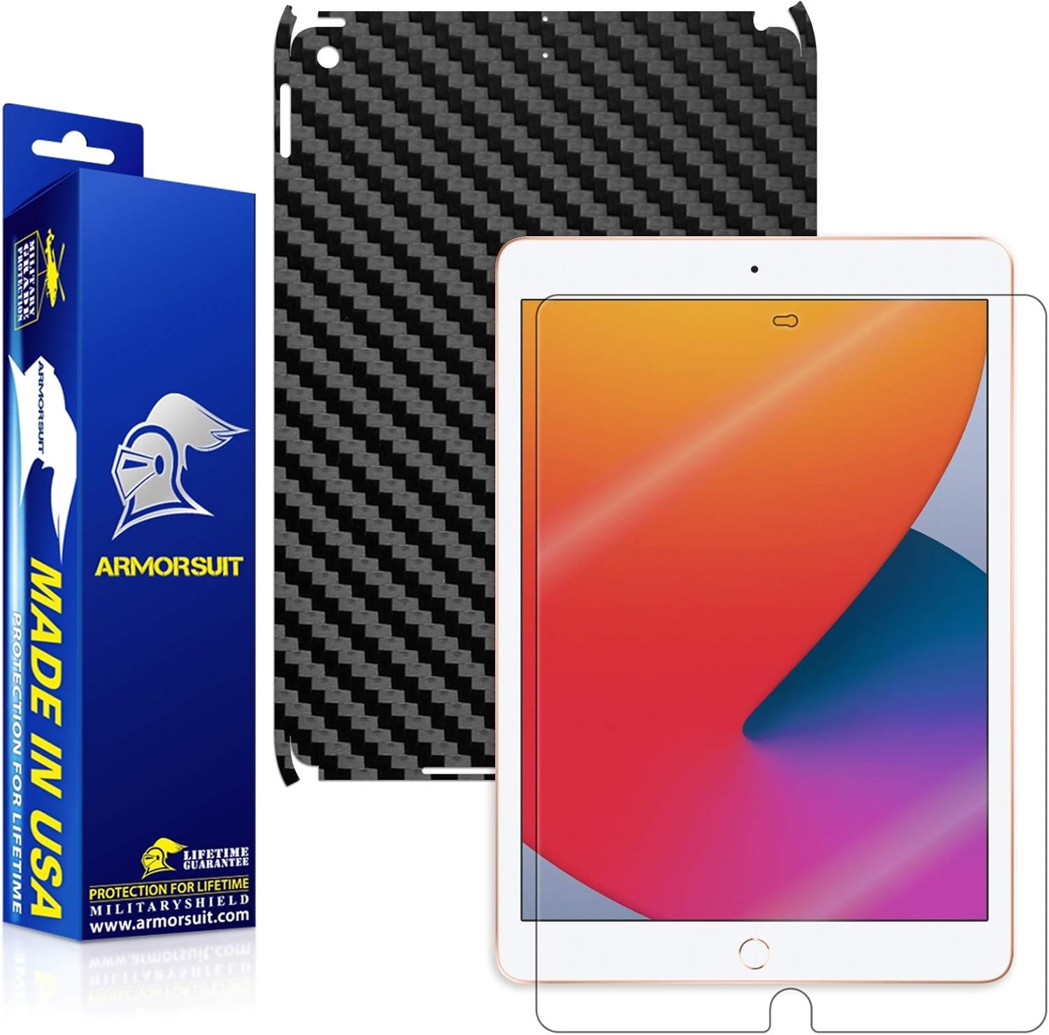 Black Carbon Fiber Skin Vinyl Wrap + HD Clear Screen Protector for iPad 10.2"