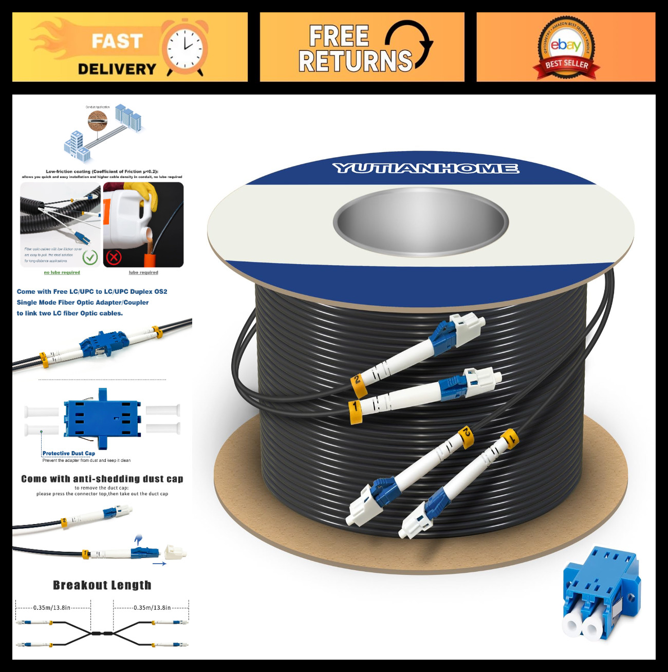 165ft LC to LC Armored Outdoor Fiber Optic Cable, Single Mode Duplex 9/125um, LS