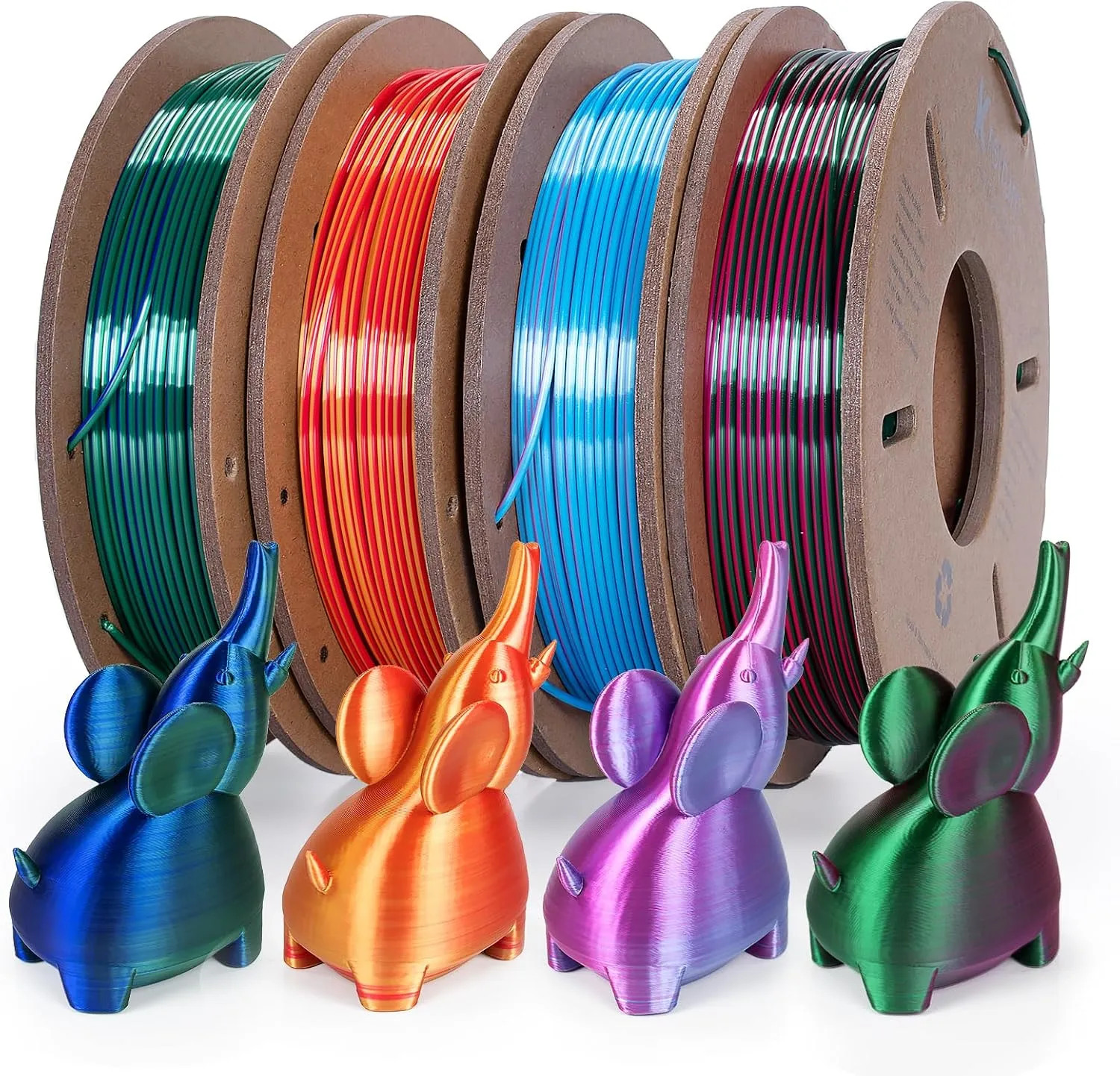 Silk Dual Color 3D Printer PLA Filament Bundle 1.75mm 4 Spools 250g Each Mult...