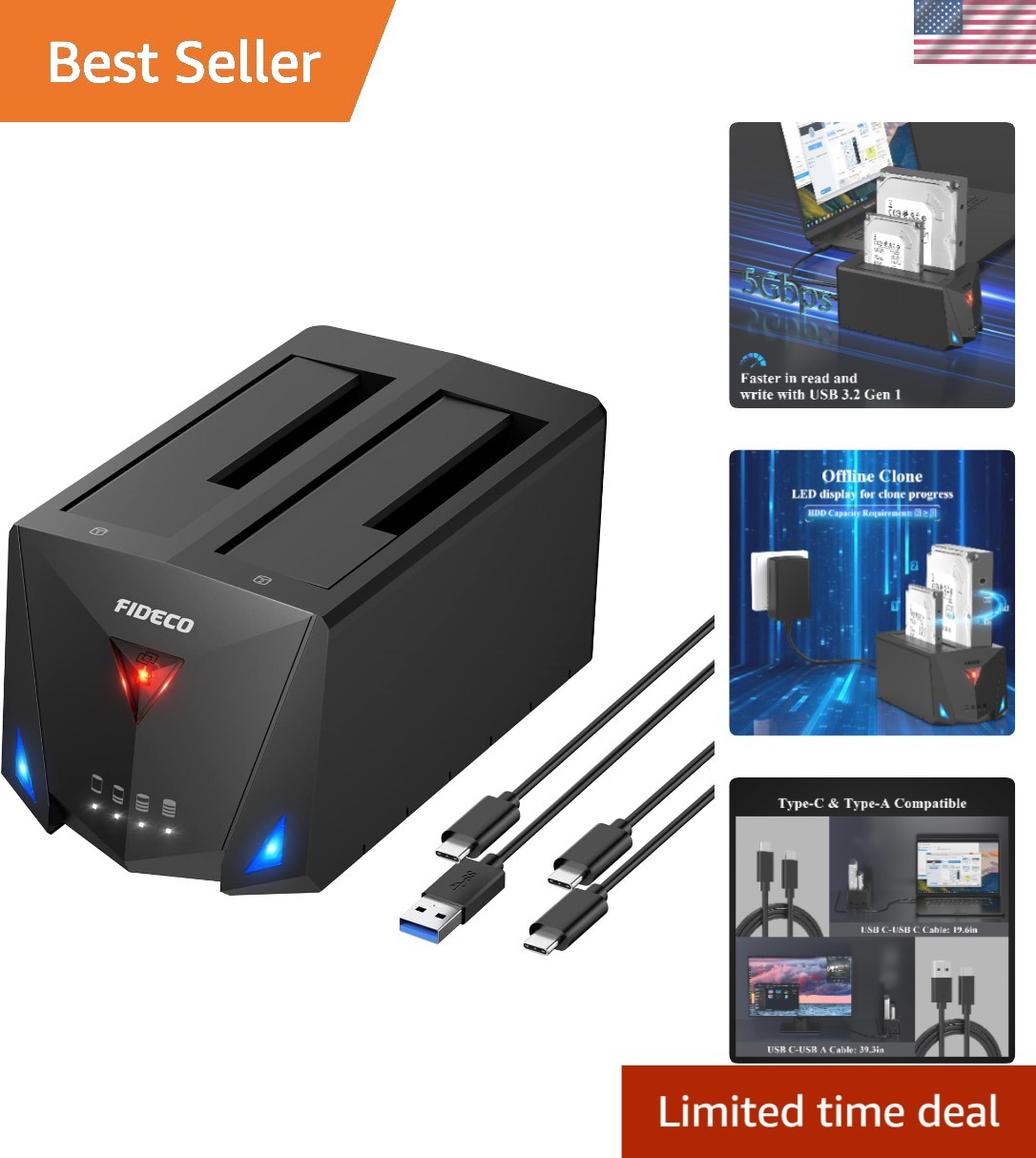 Dual Bay USB 3.2 Hard Drive Dock with Offline Clone for 2.5/3.5” HDD/SSD