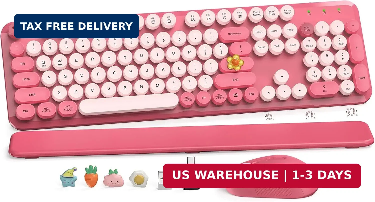 Wireless Keyboard and Mouse Combo, Round Keycaps, Magnetic Wrist Rest, Pink | Fu