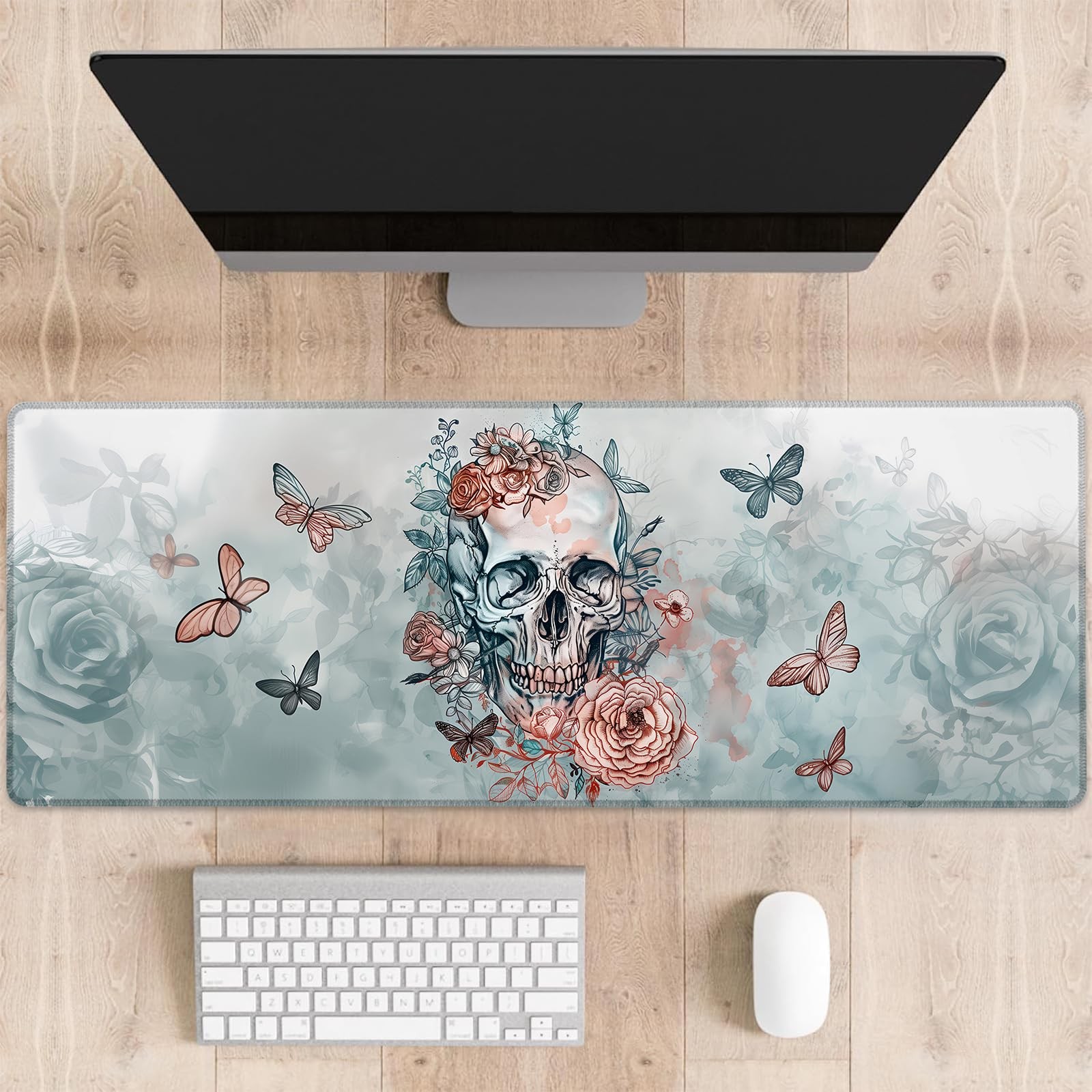 Skull Rose Gaming Mouse Pad Gothic Floral Butterflies Large Desk 31.5x11.8 In