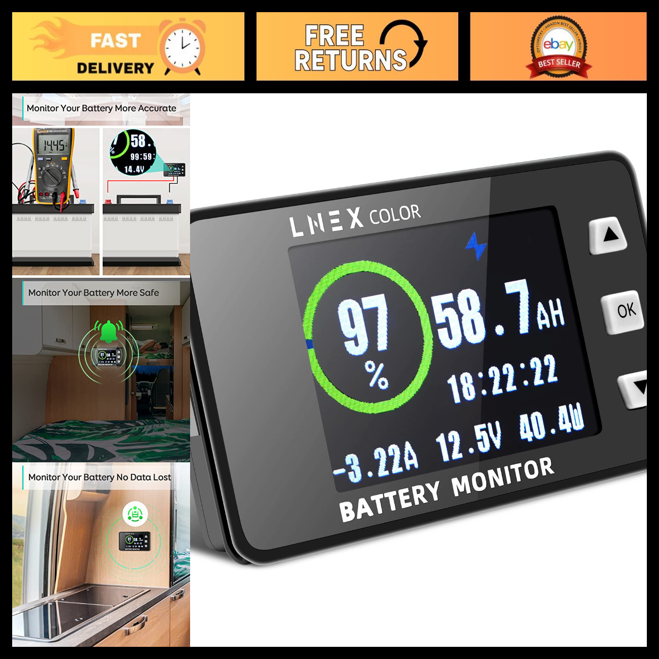 500A Battery Monitor with 2.4" Color Screen, 16ft Wire, Programmable Alarm, 8-10