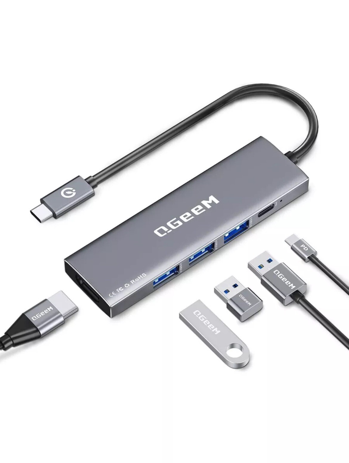 QGeeM USB C Hub 5 in 1 Multi-port Digital AV Adapter 4K HDMI 100W