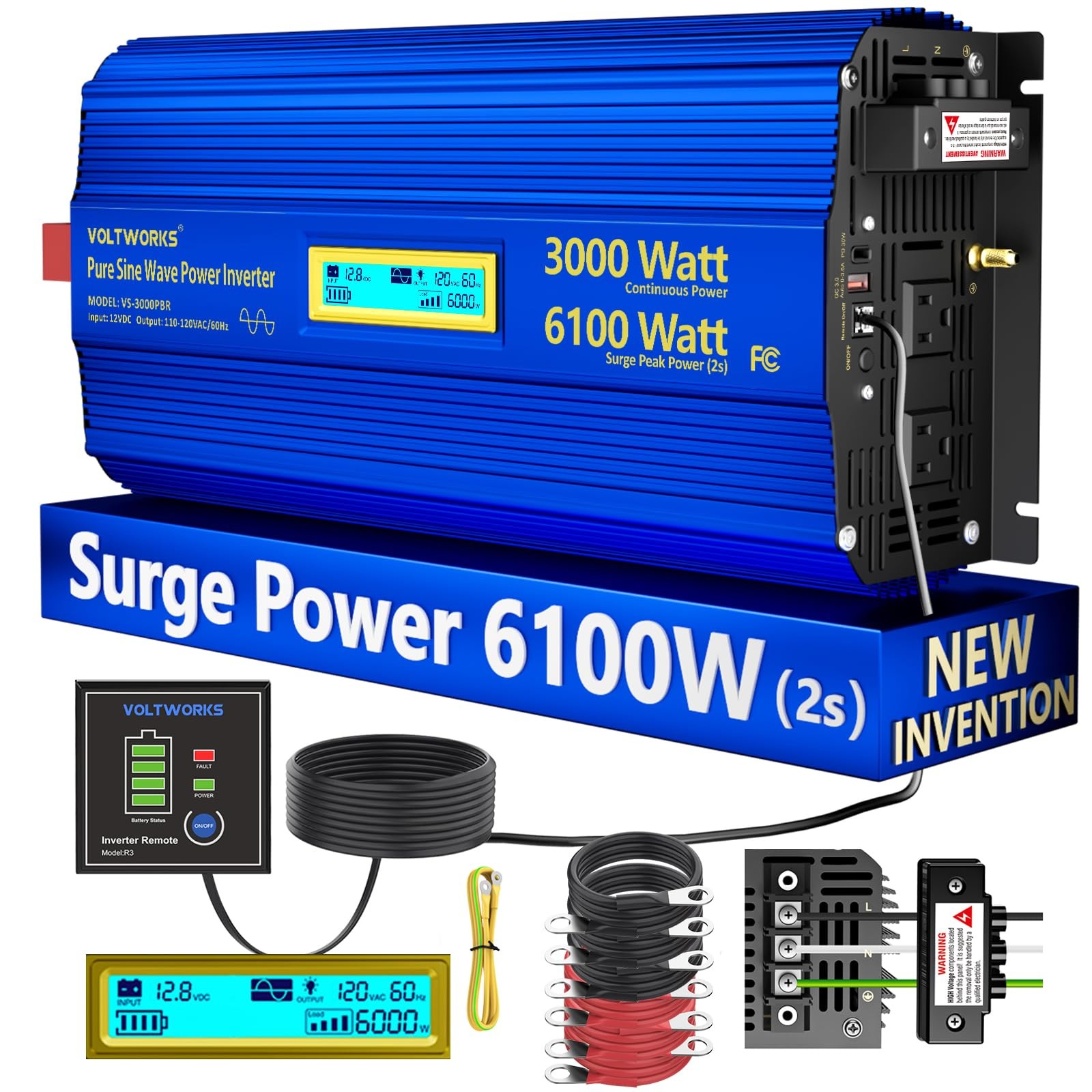 3000 Watt Pure Sine Wave Power Inverter 3000W 12V to 110V 120V AC,  VOLTWORKS