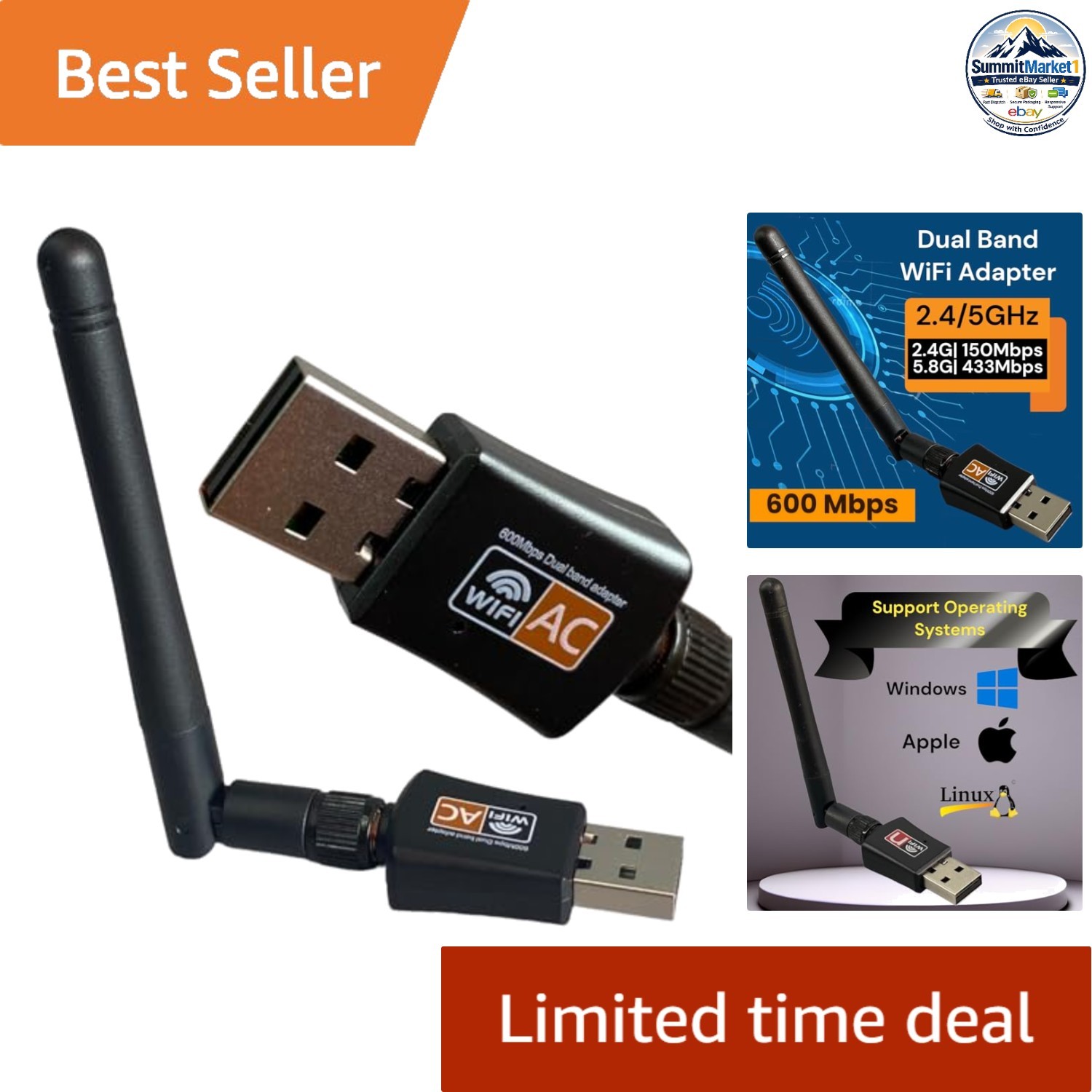 USB WiFi Adapter Dual Band 2.4/5GHz AC600 Black 802.11ac Wireless Receiver