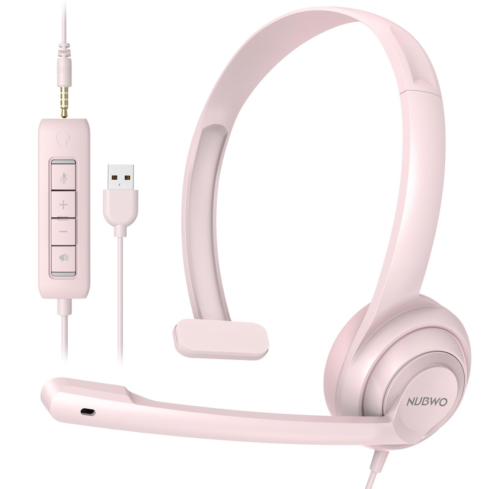 NUBWO HW02 USB Headset w/ Mic Noise Cancelling In-Line Control Laptop PC Pink