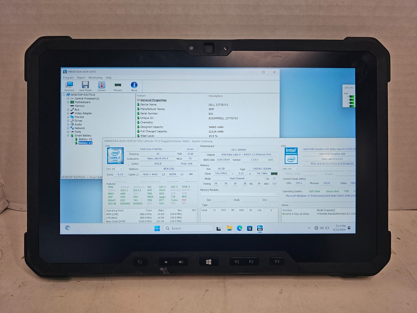 DELL LATITUDE 7212 RUGGED EXTREME i7-8650U 1.90GHz 16GB RAM 256GB SSD Win11 #04
