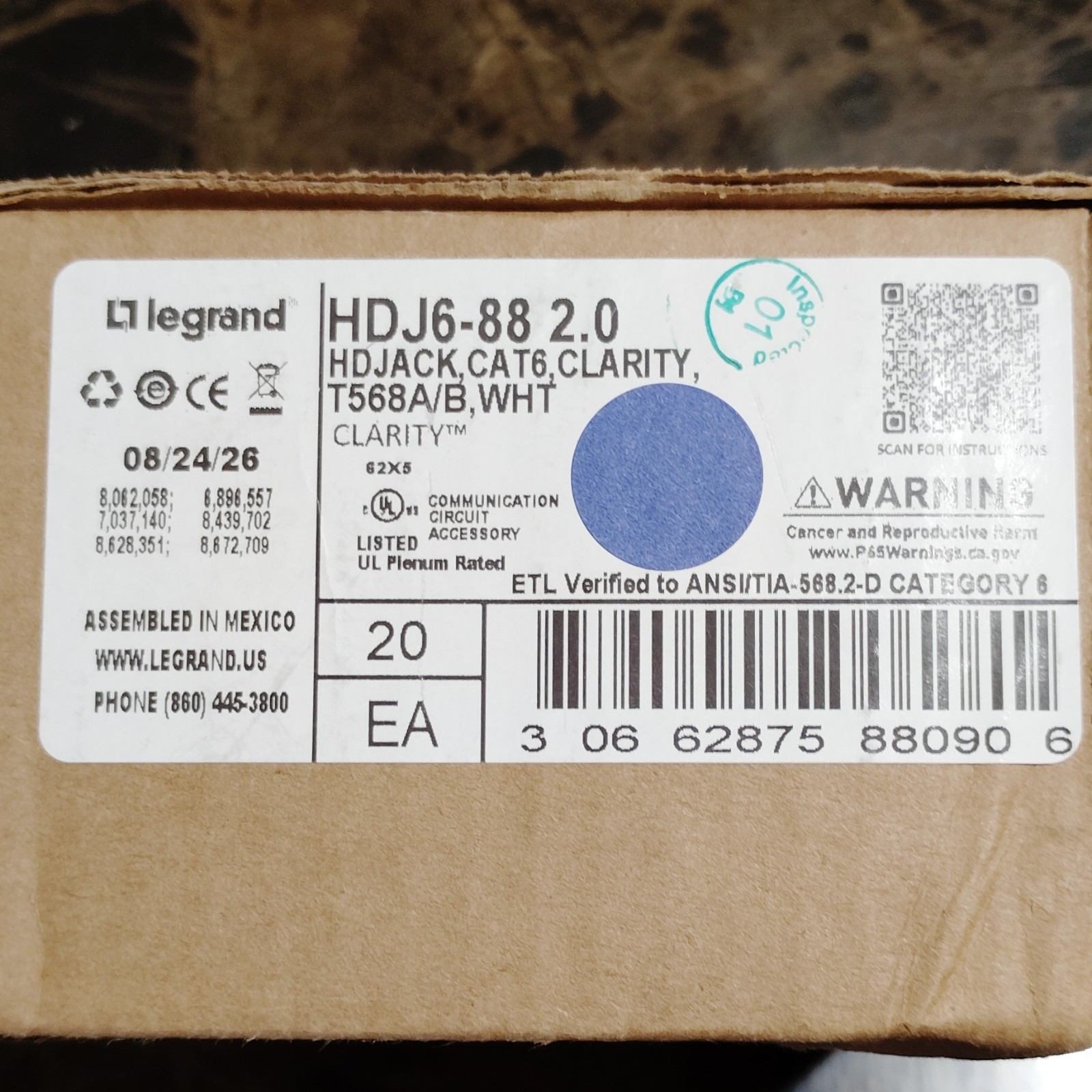 Legrand HDJ6-88 Cat 6 Clarity RJ-45 Female Jack T568A/B White Plenum 20 pack