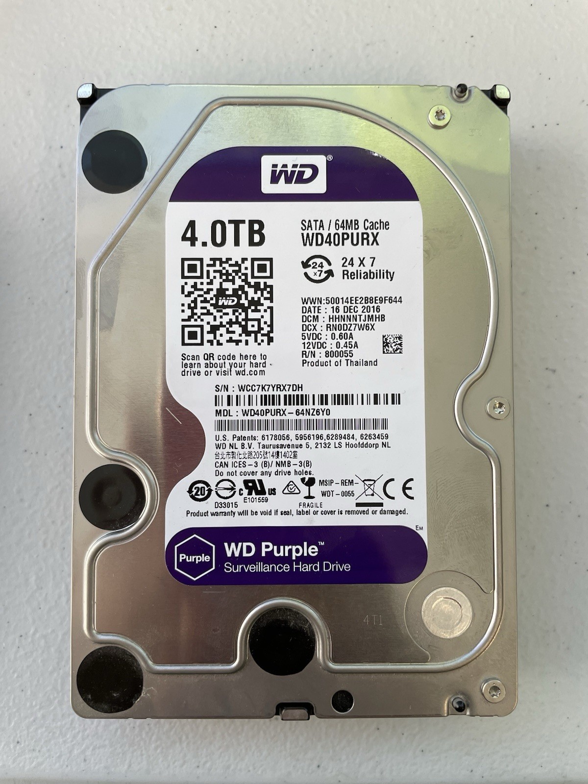 Western Digital WD Purple 4TB WD40PURX-64GVNY0 3.5” SATA Surveillance HDD